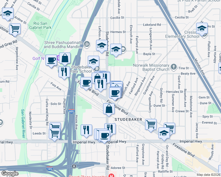 map of restaurants, bars, coffee shops, grocery stores, and more near 10949 Firestone Boulevard in Norwalk