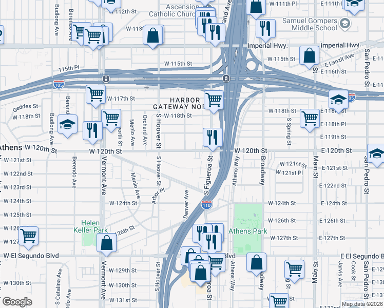 map of restaurants, bars, coffee shops, grocery stores, and more near 535 West 120th Street in Los Angeles
