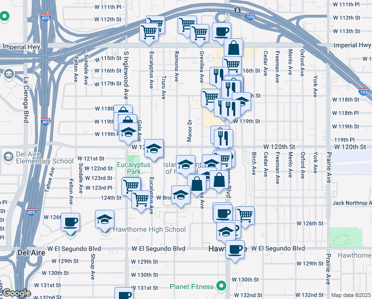 map of restaurants, bars, coffee shops, grocery stores, and more near 11977 Manor Drive in Hawthorne