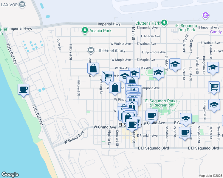map of restaurants, bars, coffee shops, grocery stores, and more near 219 West Mariposa Avenue in El Segundo