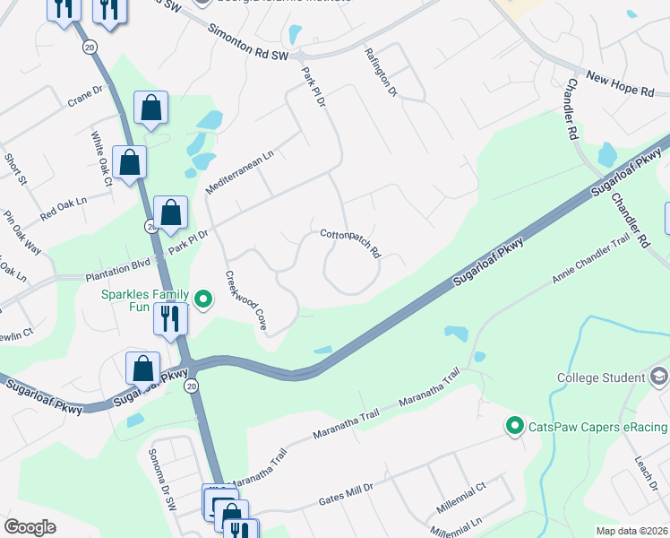map of restaurants, bars, coffee shops, grocery stores, and more near 481 Cottonpatch Road in Lawrenceville