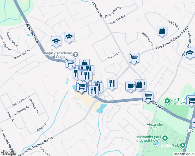 map of restaurants, bars, coffee shops, grocery stores, and more near 590 Summerstone Lane in Lawrenceville