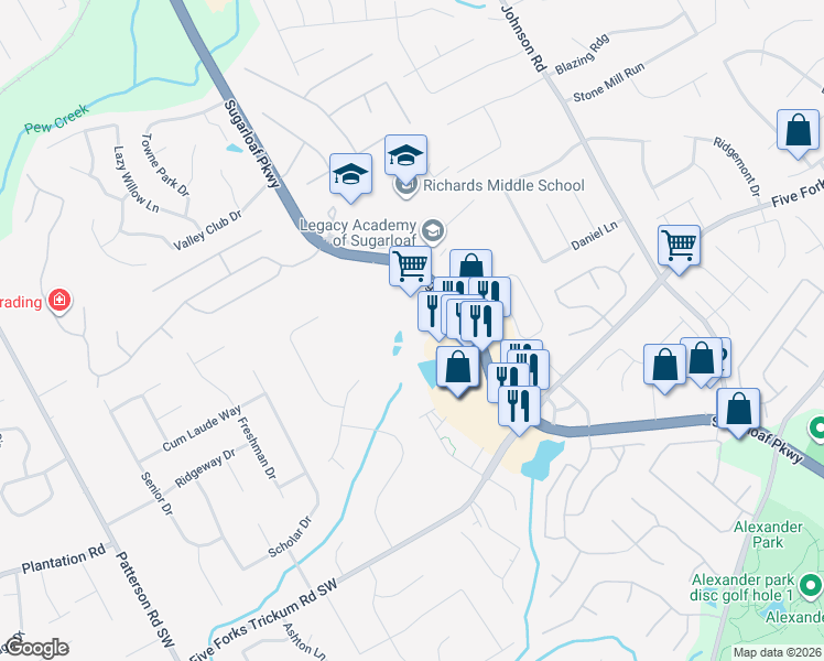 map of restaurants, bars, coffee shops, grocery stores, and more near 3460 Sugarloaf Parkway in Lawrenceville