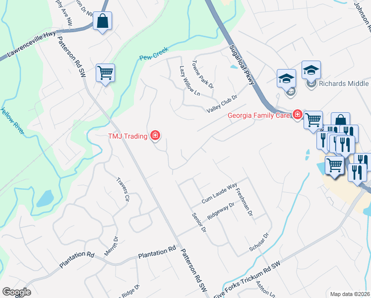 map of restaurants, bars, coffee shops, grocery stores, and more near 3741 Alamosa Court in Lawrenceville