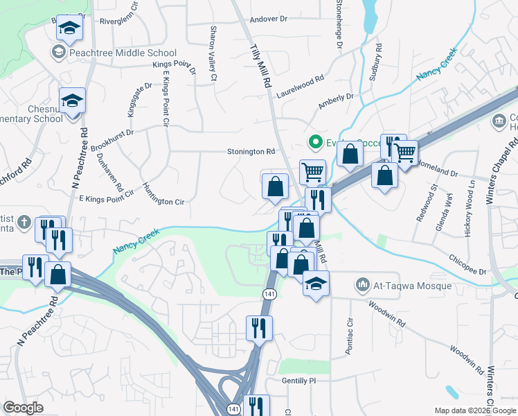 map of restaurants, bars, coffee shops, grocery stores, and more near 4397 Shelborne Drive in Dunwoody