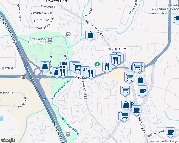 map of restaurants, bars, coffee shops, grocery stores, and more near 2703 Delk Road in Marietta