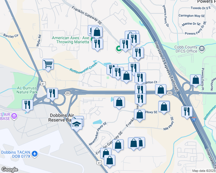 map of restaurants, bars, coffee shops, grocery stores, and more near 1808 Ashborough Way Southeast in Marietta