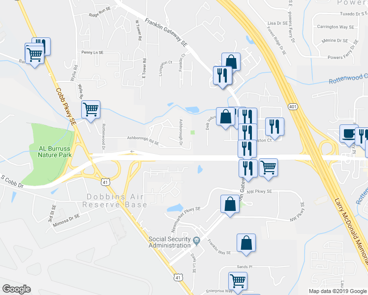 map of restaurants, bars, coffee shops, grocery stores, and more near 1808 Ashborough Way Southeast in Marietta