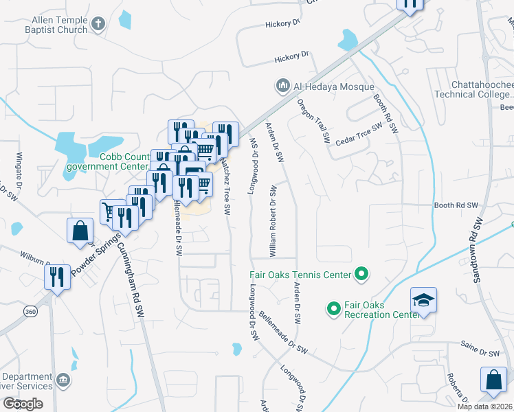 map of restaurants, bars, coffee shops, grocery stores, and more near 1199 Longwood Drive Southwest in Marietta