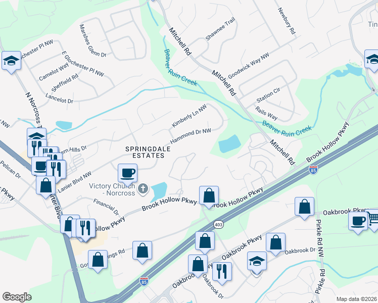 map of restaurants, bars, coffee shops, grocery stores, and more near 5756 Hammond Drive Northwest in Norcross