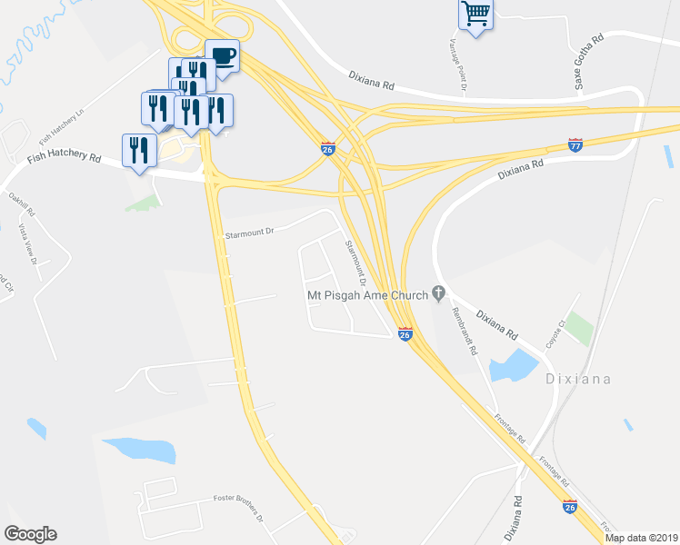 map of restaurants, bars, coffee shops, grocery stores, and more near 1101 Starcrest Road in West Columbia