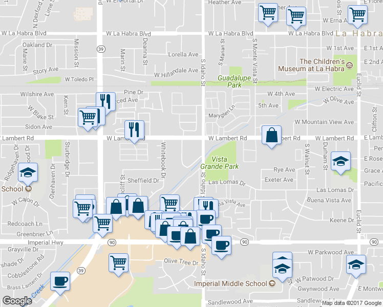 map of restaurants, bars, coffee shops, grocery stores, and more near 1200 West Lambert Road in La Habra