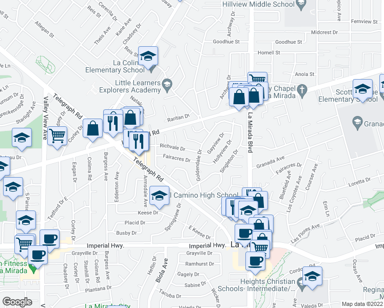 map of restaurants, bars, coffee shops, grocery stores, and more near 14744 Richvale Drive in La Mirada