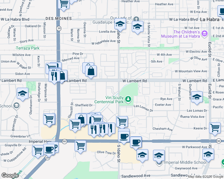 map of restaurants, bars, coffee shops, grocery stores, and more near 1200 West Lambert Road in La Habra