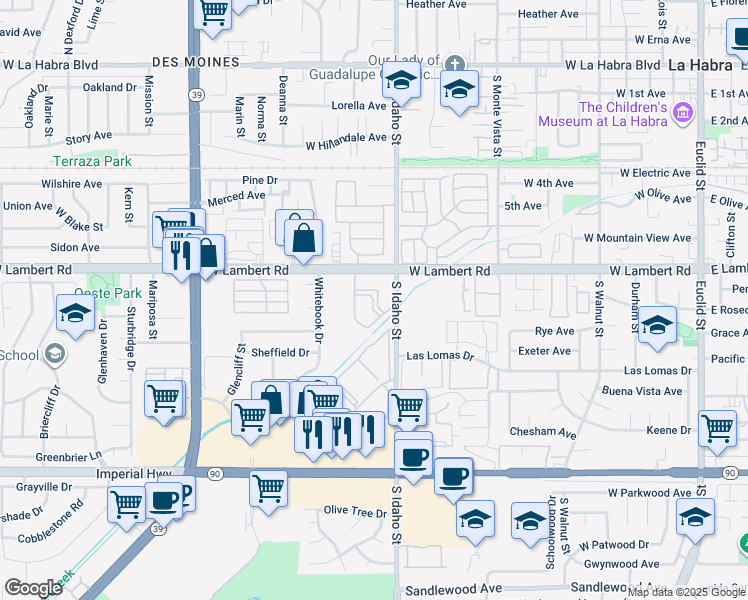 map of restaurants, bars, coffee shops, grocery stores, and more near 1340 West Lambert Road in La Habra