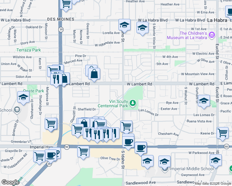 map of restaurants, bars, coffee shops, grocery stores, and more near 1210 West Lambert Road in La Habra