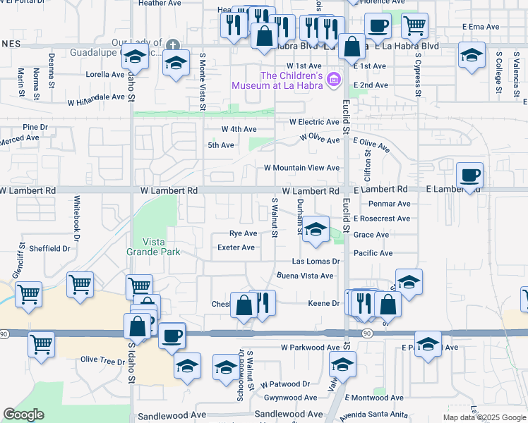 map of restaurants, bars, coffee shops, grocery stores, and more near 758 Stone Harbor Circle in La Habra