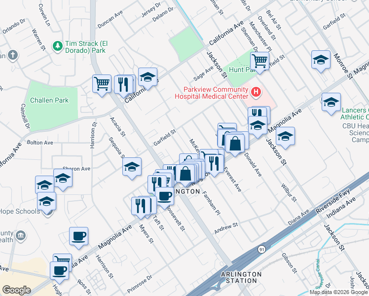 map of restaurants, bars, coffee shops, grocery stores, and more near 3934 McKenzie Street in Riverside