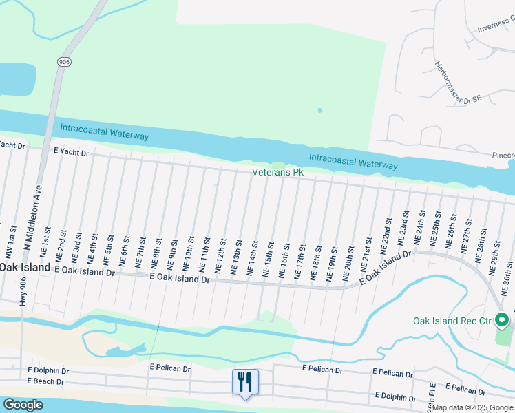 map of restaurants, bars, coffee shops, grocery stores, and more near 145 Northeast 14th Street in Oak Island