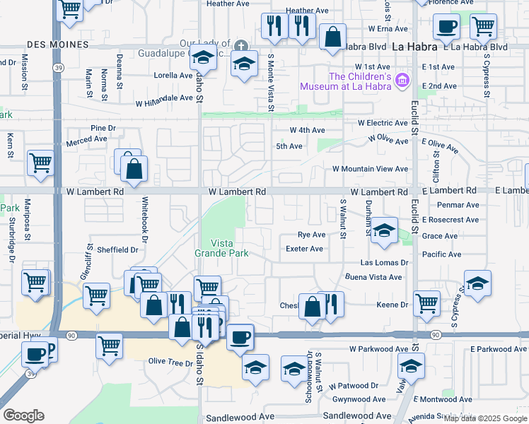 map of restaurants, bars, coffee shops, grocery stores, and more near 900 West Lambert Road in La Habra