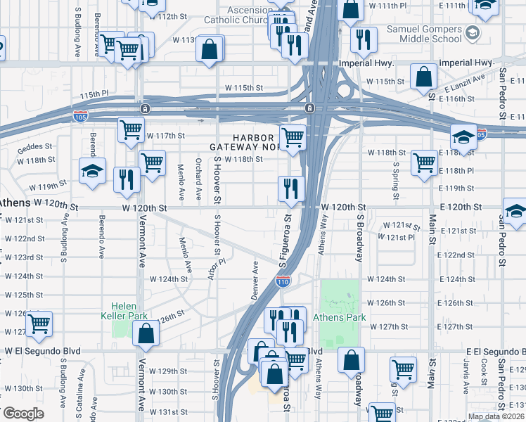 map of restaurants, bars, coffee shops, grocery stores, and more near 535 West 120th Street in Los Angeles