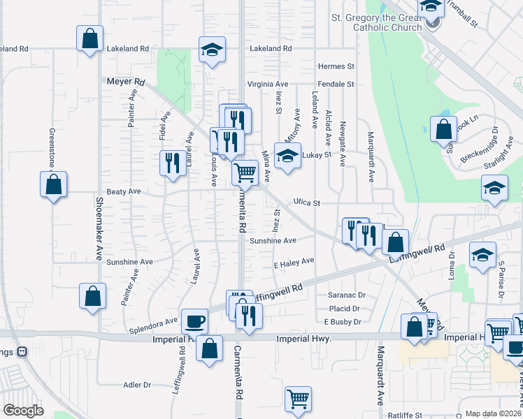 map of restaurants, bars, coffee shops, grocery stores, and more near 11915 Inez Street in Whittier