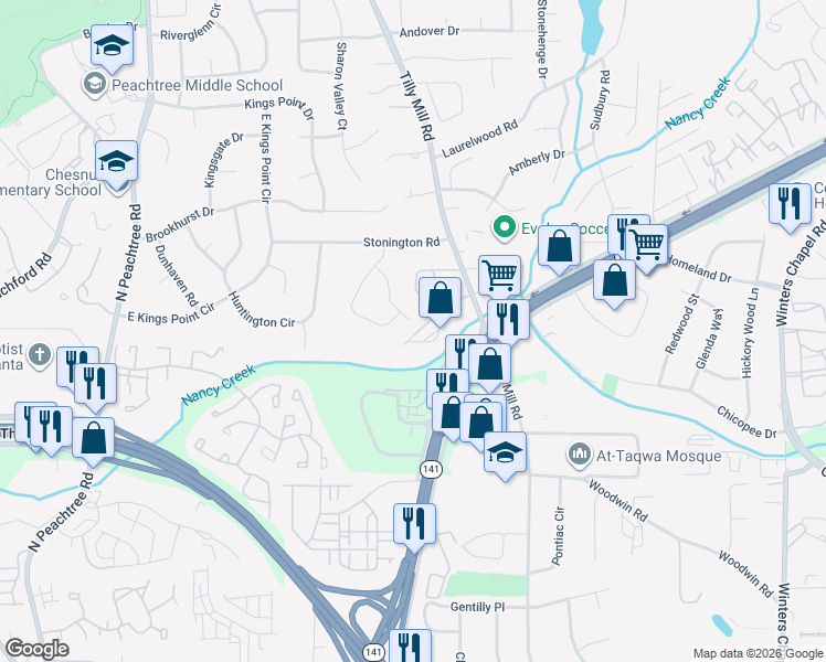 map of restaurants, bars, coffee shops, grocery stores, and more near 4397 Shelborne Drive in Dunwoody