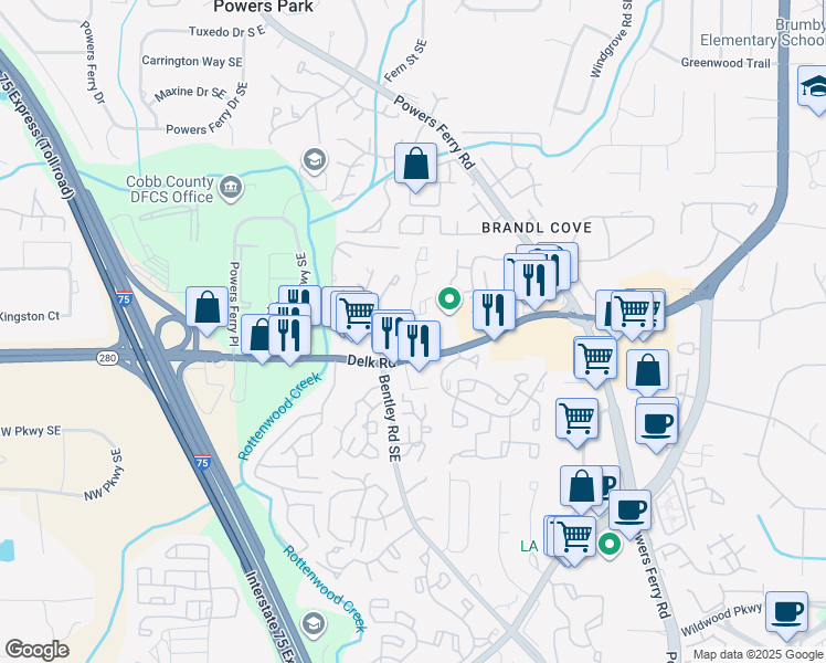 map of restaurants, bars, coffee shops, grocery stores, and more near 2703 Delk Road in Marietta