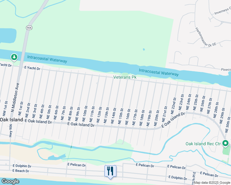 map of restaurants, bars, coffee shops, grocery stores, and more near 145 Northeast 14th Street in Oak Island