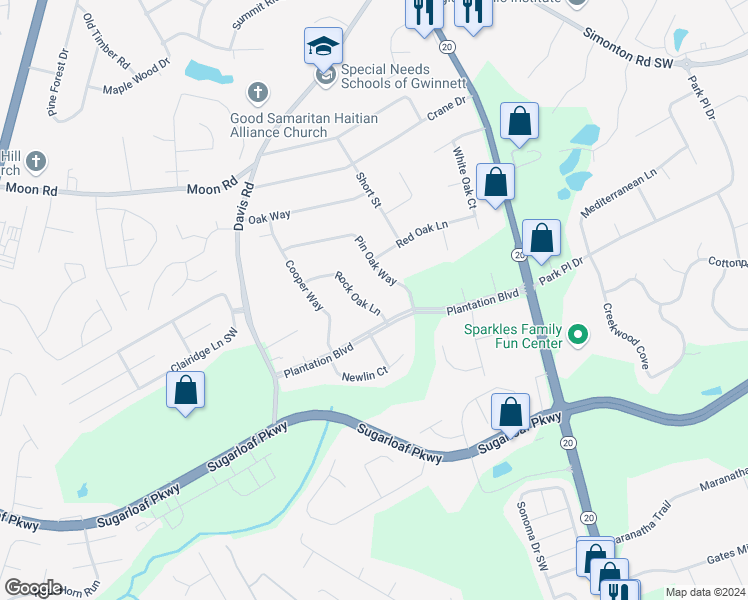 map of restaurants, bars, coffee shops, grocery stores, and more near 959 Rock Oak Lane in Lawrenceville