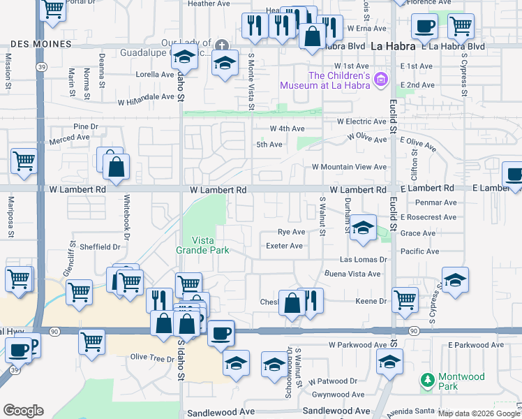 map of restaurants, bars, coffee shops, grocery stores, and more near 762 West Lambert Road in La Habra