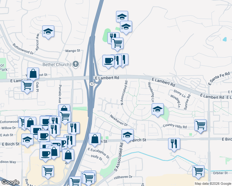 map of restaurants, bars, coffee shops, grocery stores, and more near 315 North Associated Road in Brea