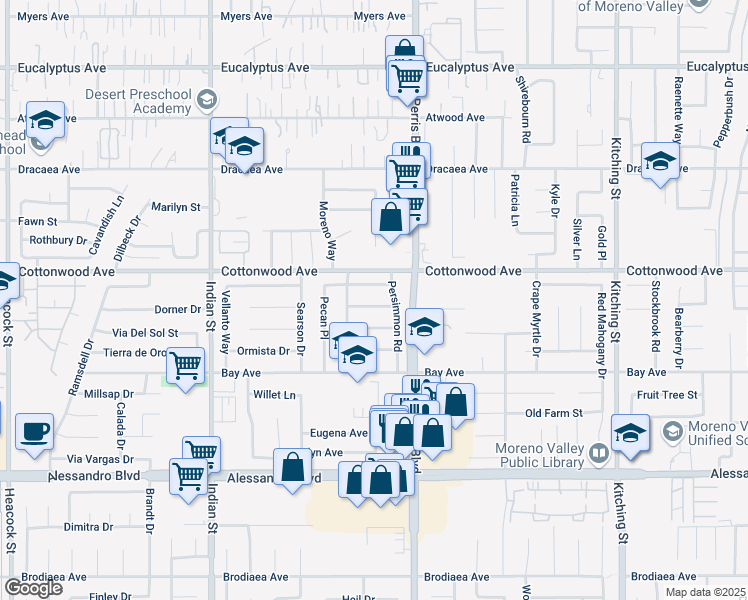 map of restaurants, bars, coffee shops, grocery stores, and more near 24913 Bower Street in Moreno Valley