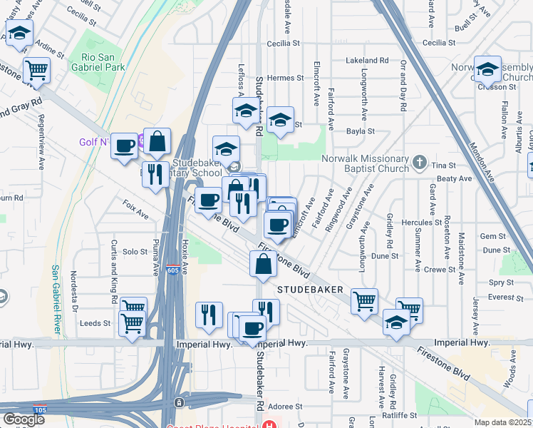 map of restaurants, bars, coffee shops, grocery stores, and more near 10949 Firestone Boulevard in Norwalk