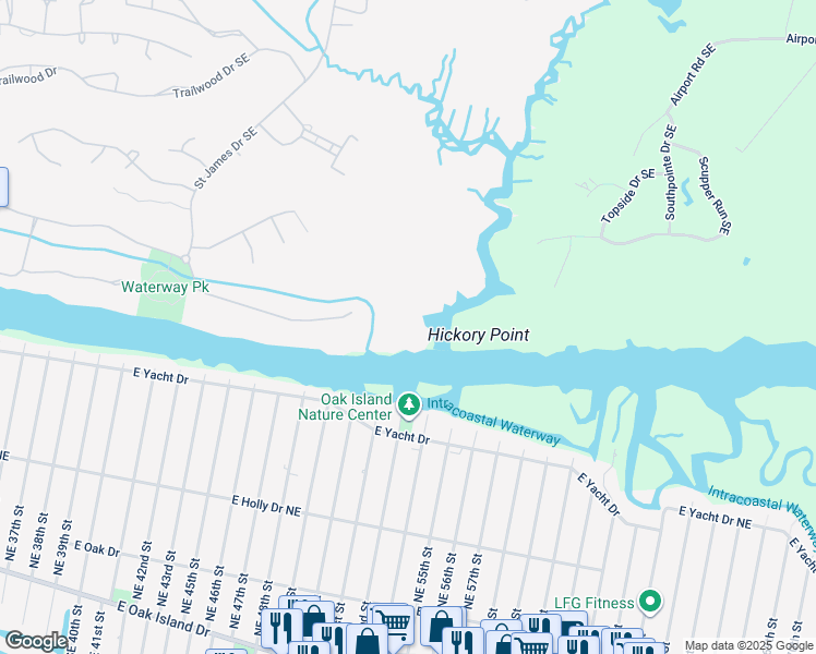 map of restaurants, bars, coffee shops, grocery stores, and more near 2526 Mariners Way Southeast in Southport