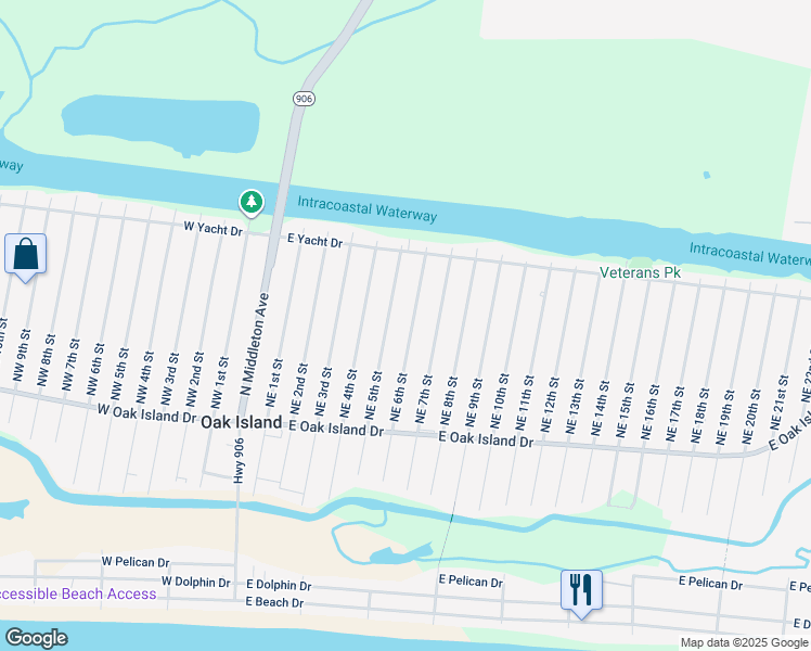 map of restaurants, bars, coffee shops, grocery stores, and more near 141 Northeast 6th Street in Oak Island