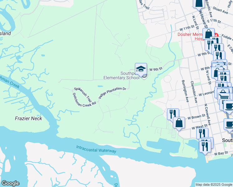map of restaurants, bars, coffee shops, grocery stores, and more near 752 Indigo Village Court in Southport