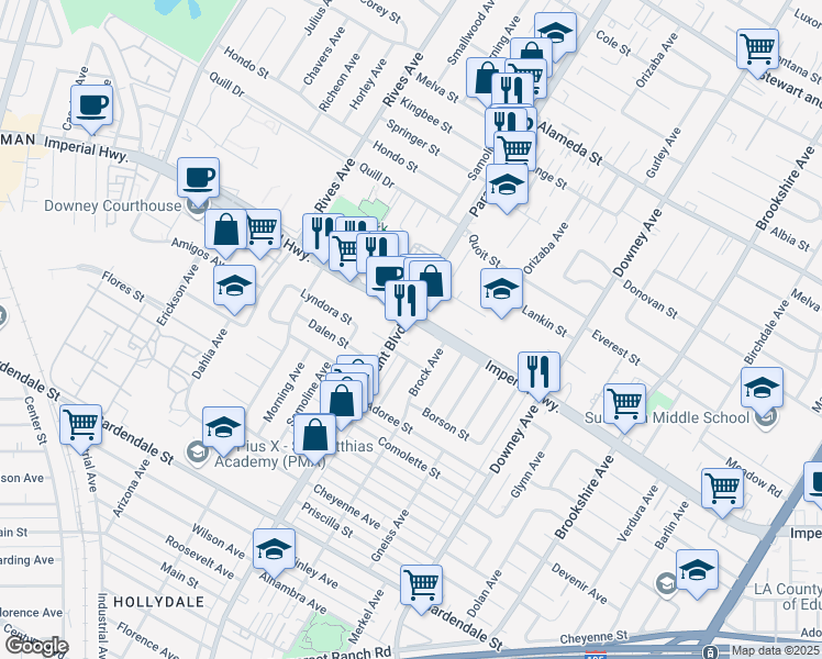 map of restaurants, bars, coffee shops, grocery stores, and more near 8010 Imperial Highway in Downey