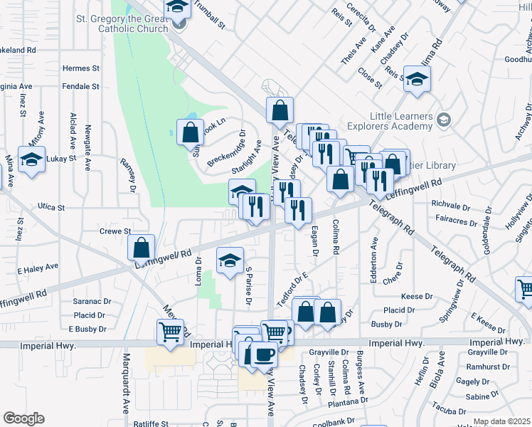 map of restaurants, bars, coffee shops, grocery stores, and more near 11716 Valley View Avenue in Whittier