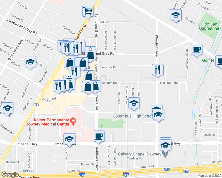 map of restaurants, bars, coffee shops, grocery stores, and more near 9250 Washburn Road in Downey