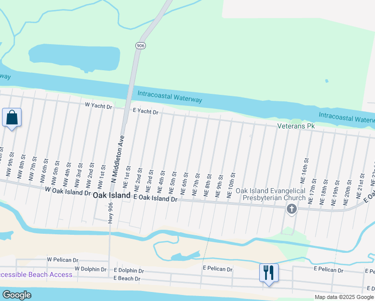 map of restaurants, bars, coffee shops, grocery stores, and more near 141 Northeast 6th Street in Oak Island
