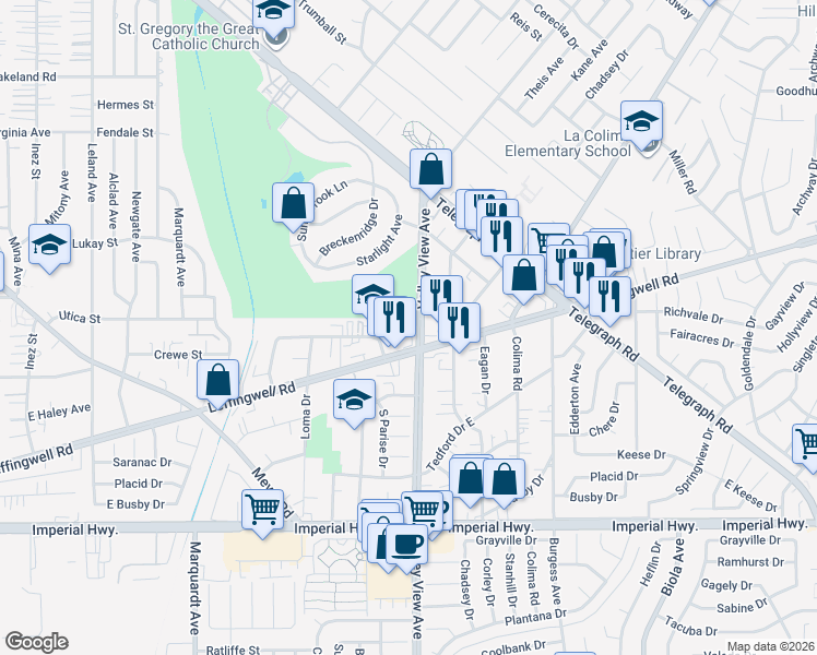 map of restaurants, bars, coffee shops, grocery stores, and more near 11735 Valley View Avenue in Whittier