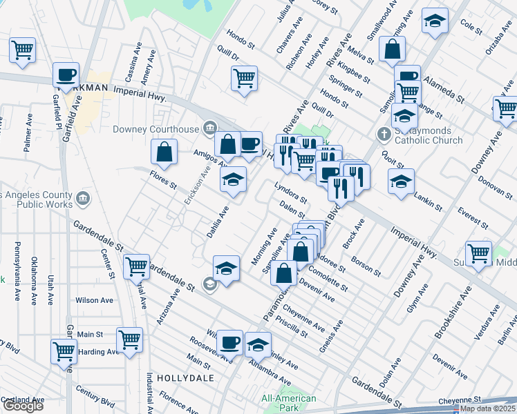 map of restaurants, bars, coffee shops, grocery stores, and more near 7812 Borson Street in Downey