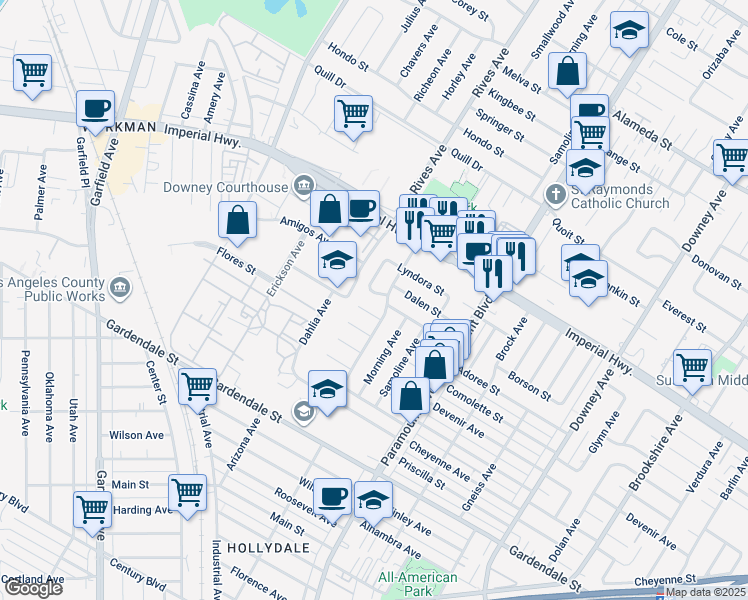 map of restaurants, bars, coffee shops, grocery stores, and more near 7812 Borson Street in Downey