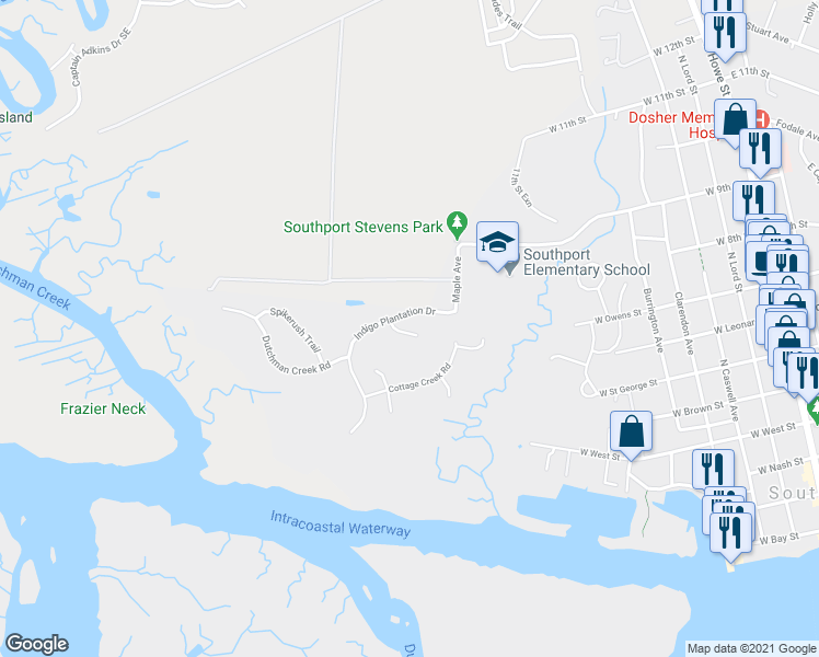 map of restaurants, bars, coffee shops, grocery stores, and more near 770 Indigo Village Court in Southport