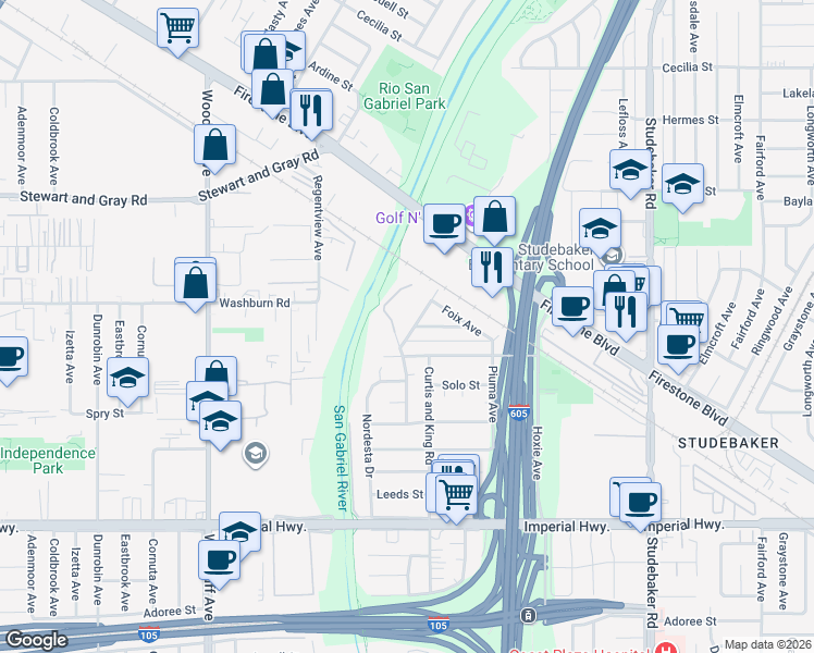 map of restaurants, bars, coffee shops, grocery stores, and more near 12057 Newmire Avenue in Norwalk
