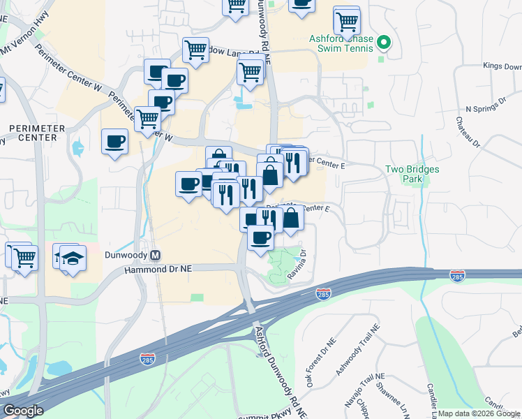 map of restaurants, bars, coffee shops, grocery stores, and more near 77 Perimeter Center East in Atlanta