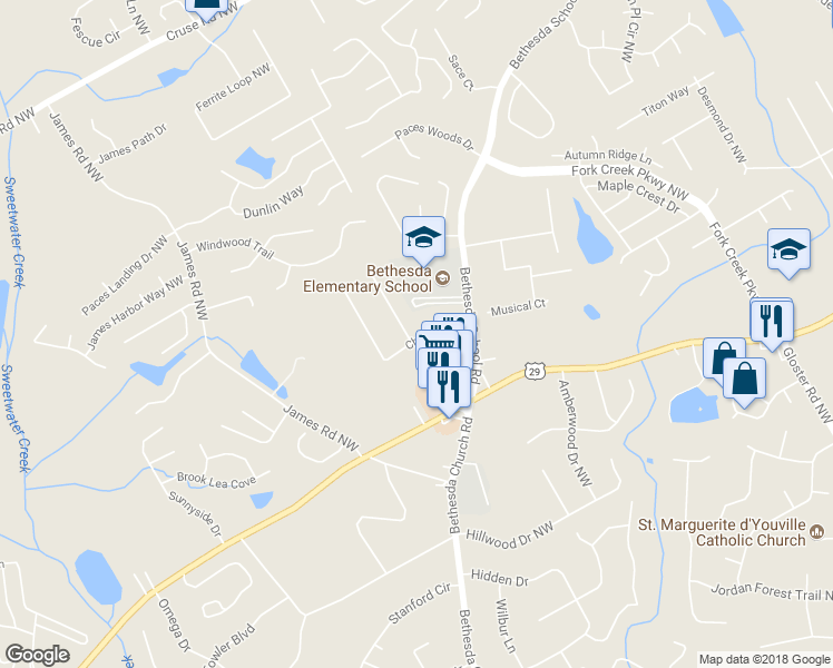 map of restaurants, bars, coffee shops, grocery stores, and more near 505 Chandon Way in Lawrenceville