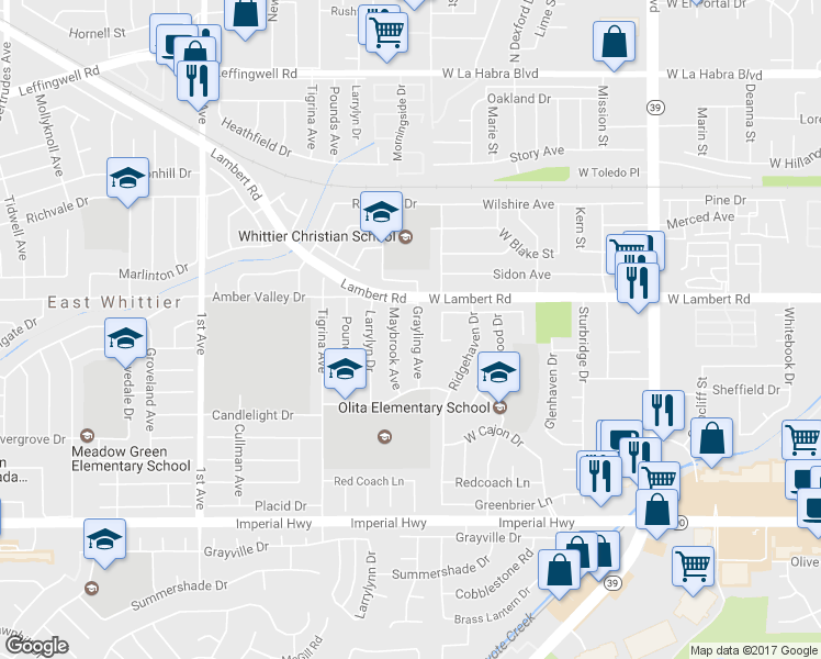 map of restaurants, bars, coffee shops, grocery stores, and more near 11833 Grayling Avenue in Whittier