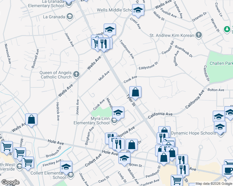map of restaurants, bars, coffee shops, grocery stores, and more near 10340 Cook Avenue in Riverside
